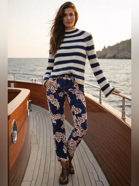 NWT Free People Floral Paisley Corduroy Skinny Pants Navy Ivory Rust Sz 25 Boho